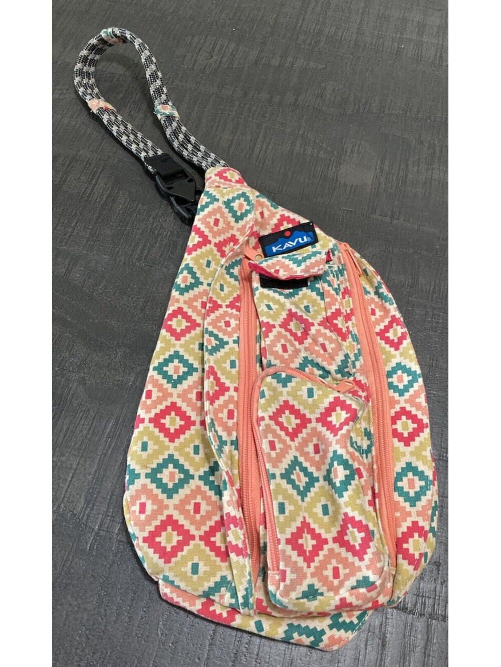KAVU Crossbody Rope Sling Bag Backpack Tribal Aztec Hiking Camping Colorful